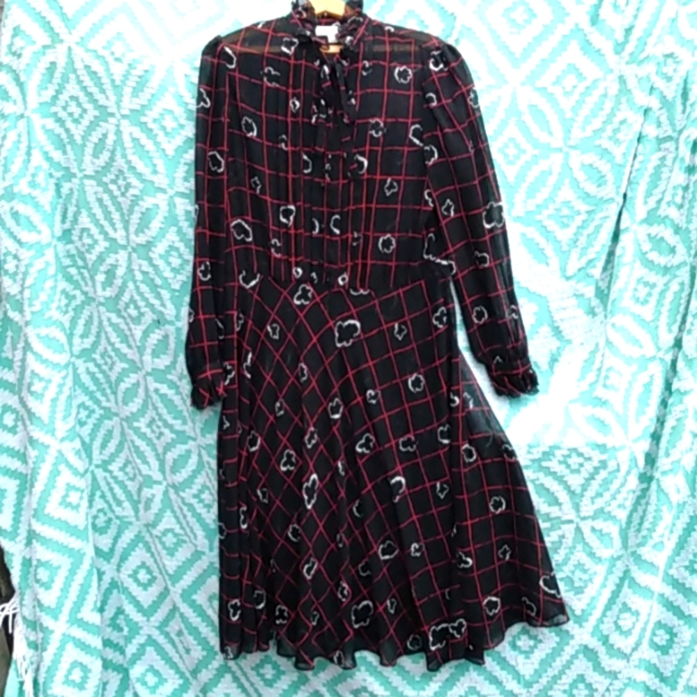 SEXY Sheer Size Large Vintage 70s CIRCLE SKIRT Tied Ruffled Neck Cuffs Dress